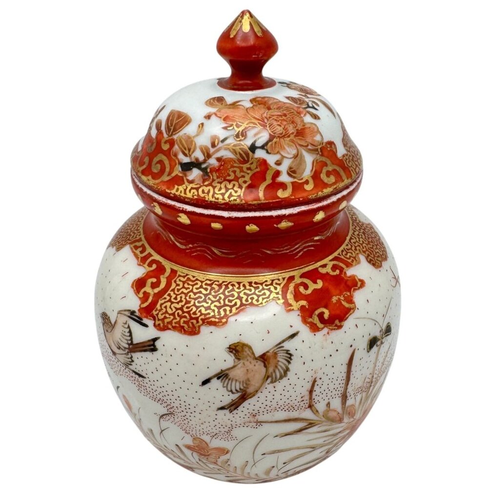 Kutani Japanese Porcelain Ginger Jar Lid Vtg Hand-Painted Birds & Floral Design